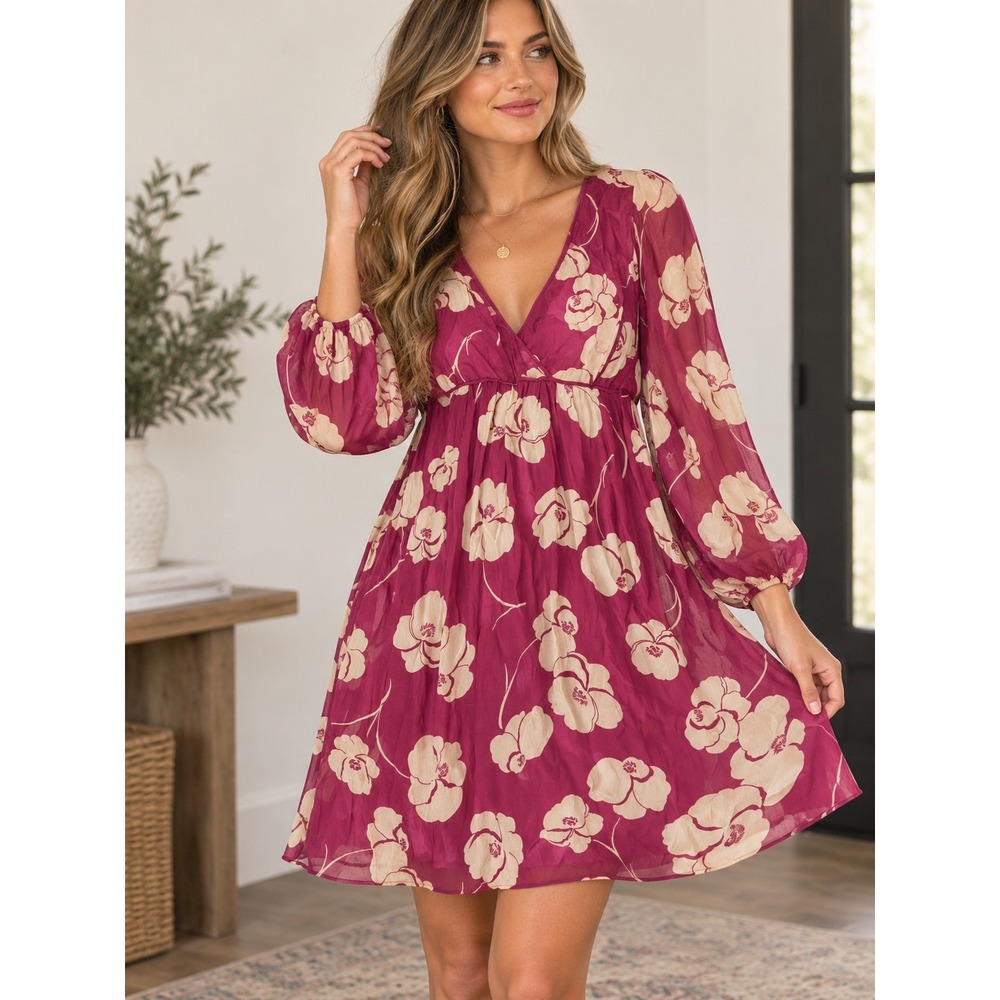 Moulinette Soeurs Anthropologie Silk Floral Mini Dress Pink Berry Size 10
